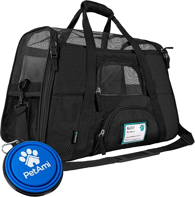 PetAmi Airline Approved Pet Carrier for Cats & Small Dogs, Large, Black | Soft Sided TSA Travel Bag, Sherpa Bed, Breathable Mesh Ventilation, Collapsible Bowl, Fits Under Seat, Up to 18 lbs by PetAmi