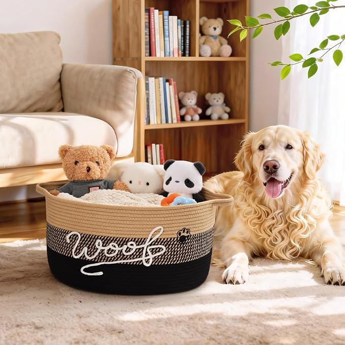 Woof Dog Toy Basket with Handles, Large Dog Toy Storage Bin with Paw Print, Woven Dog Basket for Blankets, Toys, Chews, Pet Toy Box for Nursery, Living Room, Bedroom, 20”x14”x9, Black - Image 2