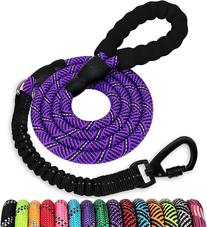 Rope Dog Leash 5 FT: Heavy Duty Leashes with Swivel Lockable Hook Reflective Threads Bungee and Padded Handle - Dog Lead for Large Small Medium Dogs Outside Walking Hiking Purple by jenico