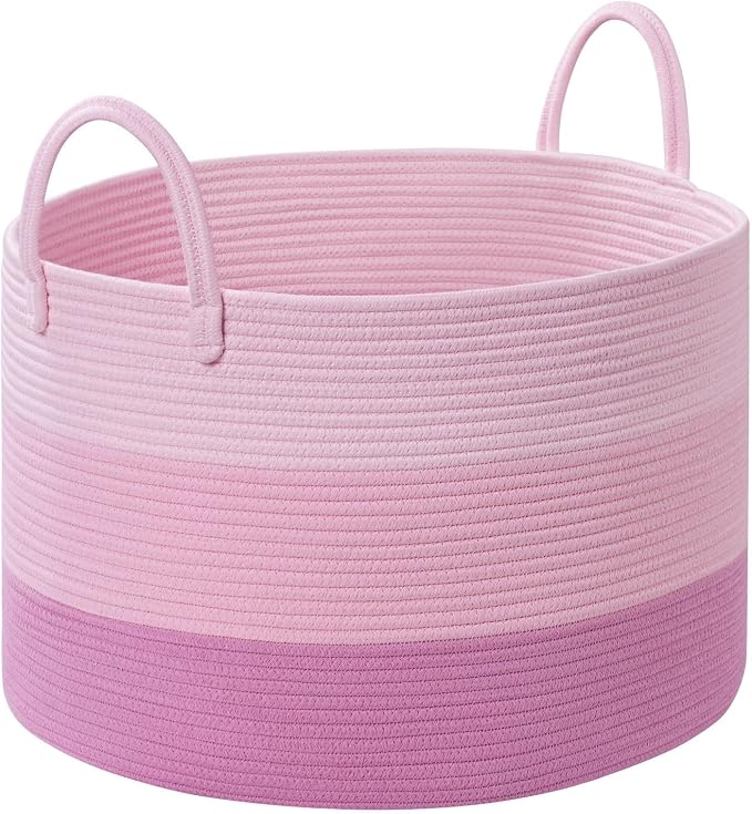 67L Large Woven Blanket Basket, Cotton Rope Baby Laundry Hamper with Handles, Kids Toy Basket for Classroom & Nursery, Soft Round Stuffed Animal Storage, Dog Toy Bin - 20"x13", Pink by Degeyoyo