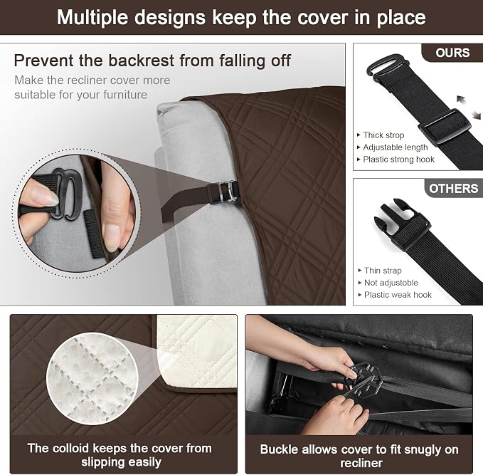 TAOCOCO 100% Waterproof Recliner Chair Cover, Small Recliner Covers for Recliner Chair with Pocket, Non Slip Reclining Chair Cover Furniture Protector for Kids, Pets(20'', Chocolate) - Image 6