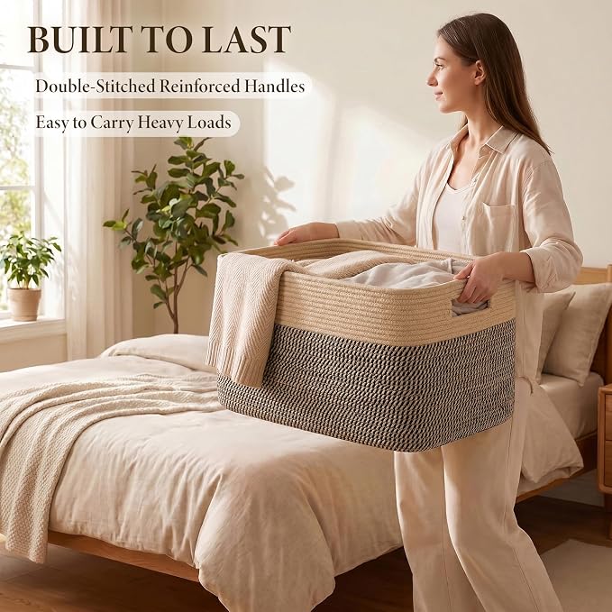 75L Large Cotton Rope Basket, Soft Toy Storage Bin for Nursery & Living Room, Decorative Blanket Basket for Bedroom, Baby-Safe Organizer for Pillows &Laundry, 22''×17''×12'', Brown & Black - Image 4