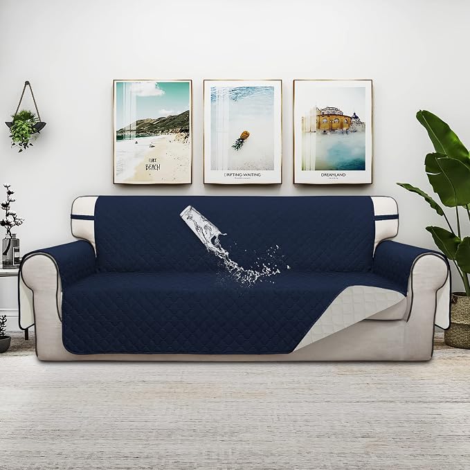 ISSUNTEX Double Protection 100% Waterproof Sofa Covers for Living Room, Couch Covers for 3 Cushion Couch Sofa, Reversible Furniture Protector Sofa Cover for Dogs, Pets, Kids (Sofa, Navy/Ivory) - Image 2