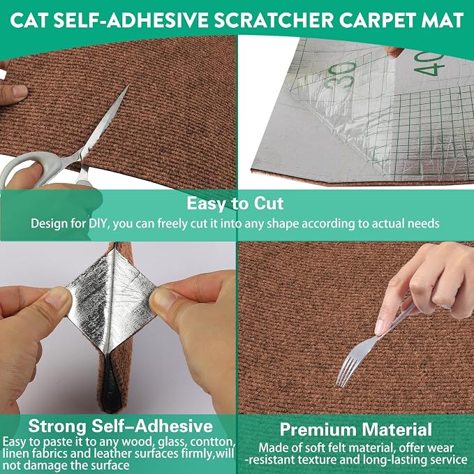 Trimmable Cat Scratcher Mat, Self-Adhesive Cat Scratching Carpet Pad Replacement for Cat Tree Shelves, Steps and Posts, DIY Cat Scratch Couch Furniture Protector (Brow, 39.4"x15.8") - Image 3