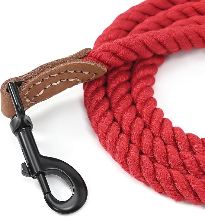 Mile High Life Dog Leash Braided Cotton Rope with Leather-Reinforced Ends | Rust-proof 360° swivel clasp, Heavy-duty for medium/large breeds. Great for weddings, daily walks (4 FT, 1/2", Red) - Image 3