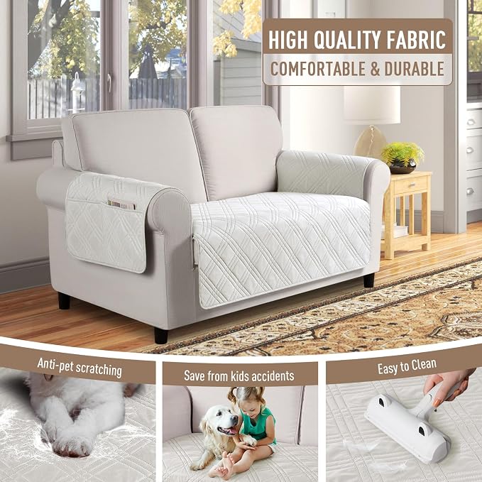 TAOCOCO Waterproof Loveseat Covers for Dogs, Non Slip Couch Cover, 2 Seater | Washable Love Seat Covers with Arms for 2 Cushion Couch, Dog Sofa Cover Protector, Pockets & Backless Design, Off White - Image 5