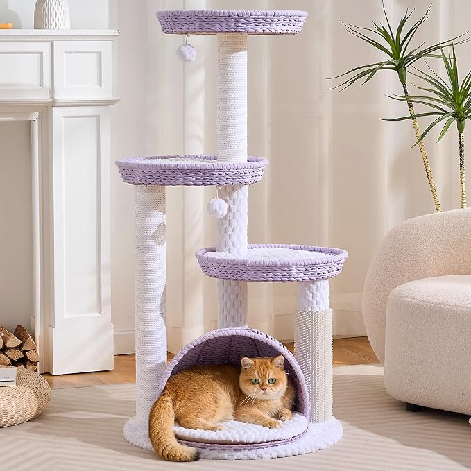 Modern Cat Tree Tower with Scratching Post, 46 Inches Tall Cat Towers with Woven Cat Nests and Cave, Multi-Level Cat Tree With Removable Cushions and Massage Brush for Indoor Cats Large Adult. - Image 9