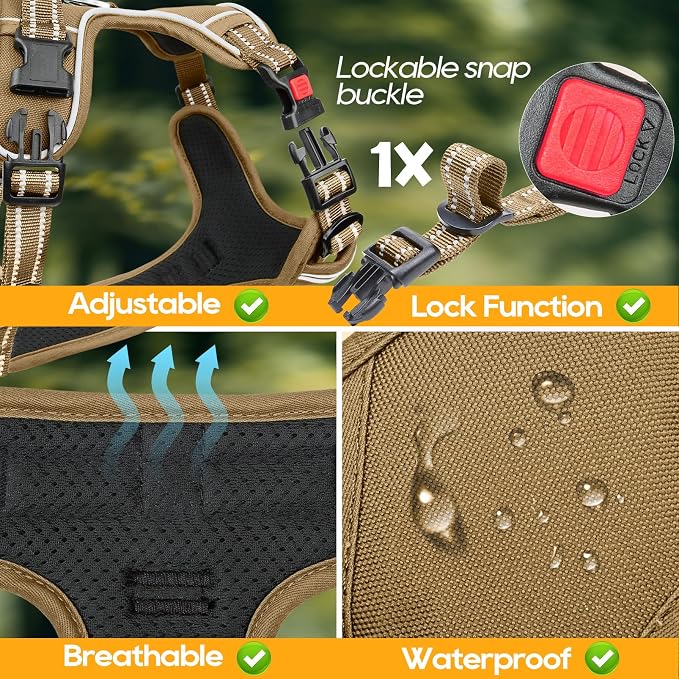 Timos Dog Harness Small Sized, Neck Quick Release with 3 Buckles, Khaki, S | Easy On & Off, No Pull No Choke, Adjustable Reflective Soft Padded, Front & Back 2 Clips and Handle for Walking Training - Image 3
