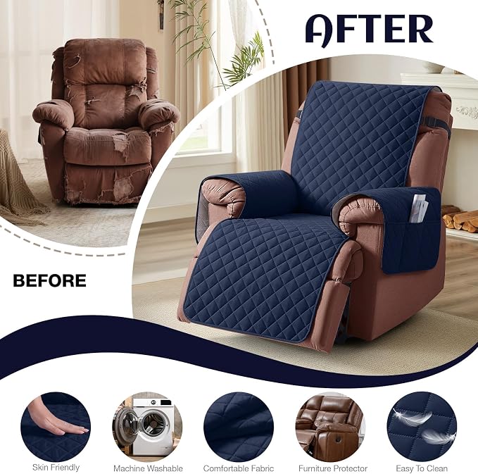 KinCam 100% Waterproof Recliner Chair Covers Washable, 28", Dark Blue | Anti Slip Reclining Couch Covers for Pets Dog, Recliner Sofa Slipcover Storage Pocket, Furniture Protector with Elastic Strap - Image 6