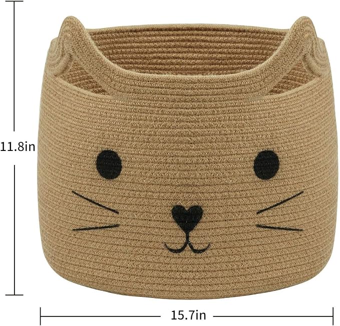Large Woven Rope Cat Toy Basket with Cat Face Design, Jute | 15.7" x 11.8" Toy Bin & Box for Living Room Nursery, Baby Storage Basket for Towels, Blankets, with Sturdy Handles - Image 2