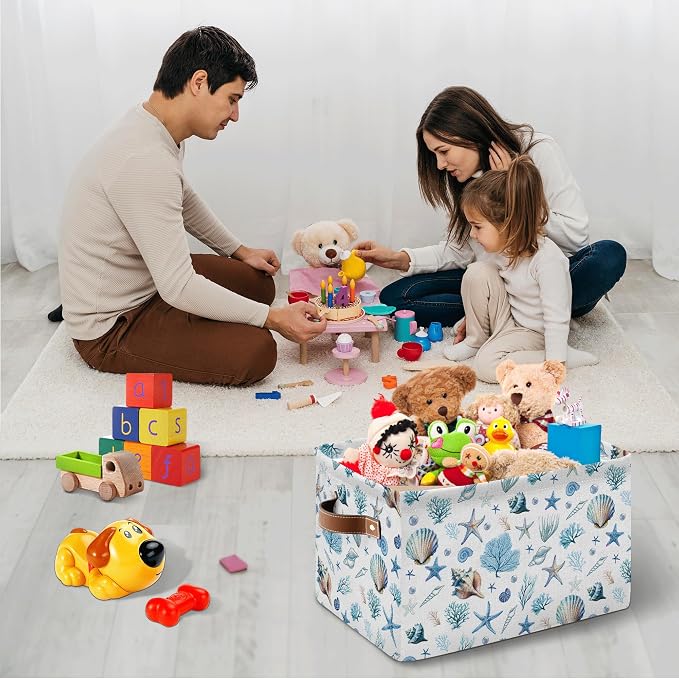 Sea Shells Starfish Rectangle Storage Basket - Ocean Themed Collection Collapsible Storage Baskets with Handles - Ocean Conch Pattern Storages Bin for Kids Clothes, Gifts, Books, Toys - Image 2