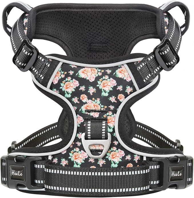 HEELE Dog Harness Harness for Small Dogs No Pull Dog Vest Harness for Small Dog with Soft Padded Handle Reflective for Outdoor Training, Flower-Black, S | No Choke with Control Handle, Soft Breathable Padded Pet Vest, Adjustable, Reflective Front Clip ... by HEELE