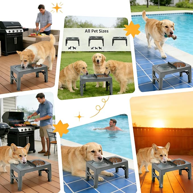 3-in-1 Elevated Slow Feeder and Water Bowls for Dogs, 4 Height Adjustable Raised, Separate Dry and Wet Areas, Prevent Water Overflow, Foldable Pet Bowl - Image 6