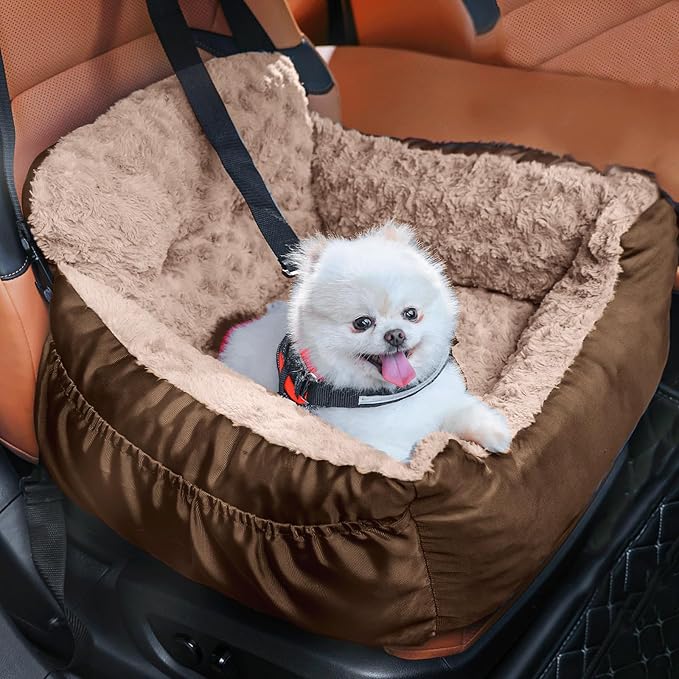 Oiilores Dog Car Seat for Small Dogs, Washable Pet Booster Seats with Clip-On Safety Leash, Comfy Deluxe Plush Carseat with Storage Pockets, Puppy Car Travel Carrier Bed for Dogs Under 25 lbs, Brown by OiiloresComfyDoorMat