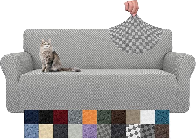 YEMYHOM Couch Cover Latest Jacquard Design High Stretch Sofa Covers for 3 Cushion Couch, Pet Dog Cat Proof Slipcover Non Slip Magic Elastic Furniture Protector (Large, Light Gray Checkered) by YEMYHOM