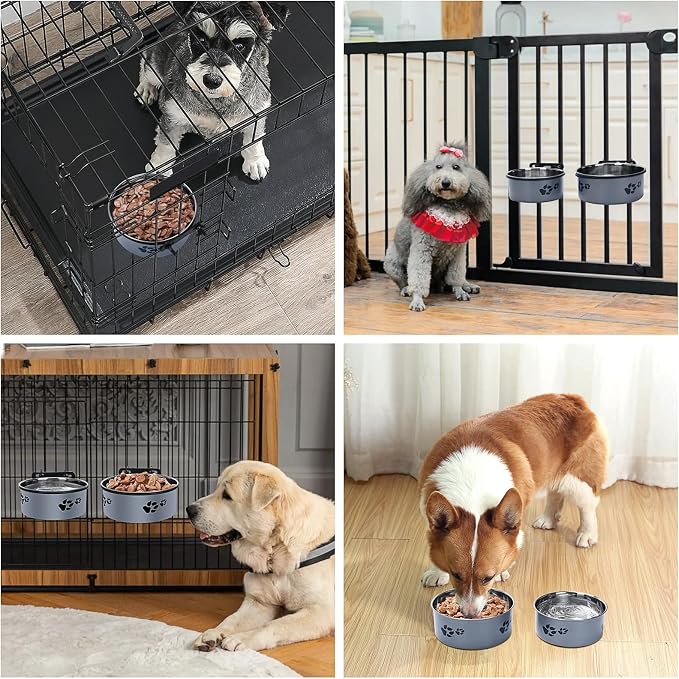Hanging Dog Bowls for Kennel, 2 Pack Food and Water Bowl, 34oz &25oz | Stainless Steel Attachable Dog Bowls for Crates, No Spill for Medium and Small Sized Dogs (6.2x2.6” & 5.5x2.4”) - Image 6