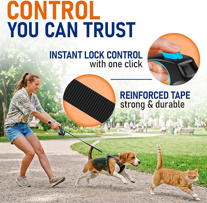 20.1 ft Retractable Dog Leash for Dogs 10–100 lbs - Heavy Duty Tape Leash with Strong Nylon Tape - 360° Swivel Control - One-Click Brake & Lock - Ergonomic Non-Slip Grip for Safe & Easy Daily Walks BL - Image 6