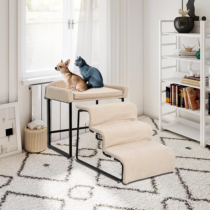 Dog Window Perch with Stairs for Dogs to get on Bed 3-Step Pet Ramp for High Beds Non-Slip Washable Cover The Sturdy Iron Frame with Ideal for Small Dogs Cats Senior Pets with Joint Issues by FURNAWAY