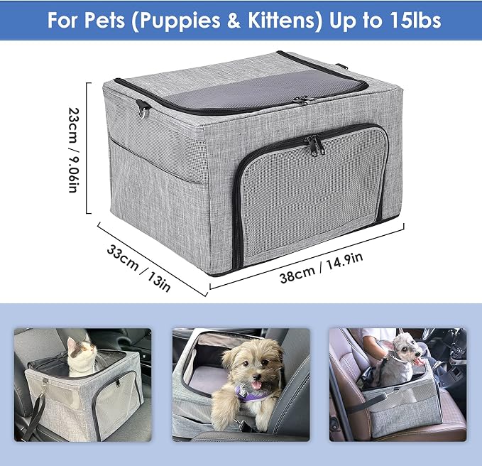 SlowTon Dog Car Seat - with Reinforced Metal Frame for Pets up to 15lbs | Safe Pet Car Seat with Safety Belt & Waterproof Pee Pad & Top Cover, Portable Collapsible Puppy Carrier Bag for Small Dogs - Image 6