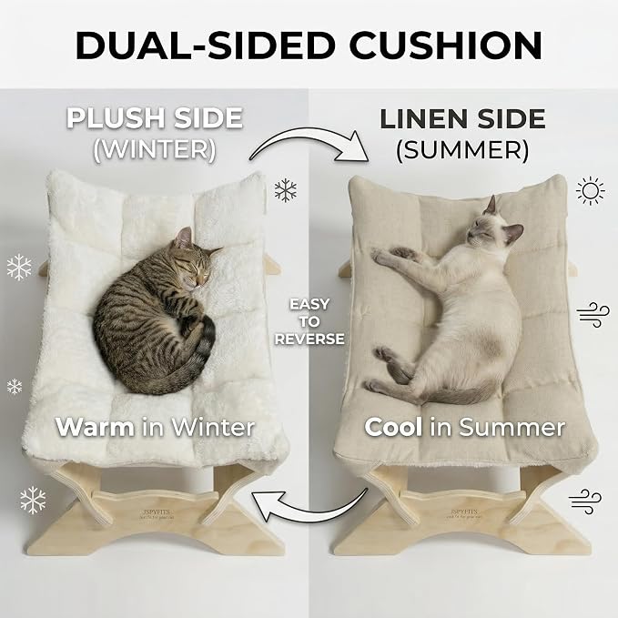 JSPYFITS Elevated Cat Bed Hammock, Raised Cat Bed with Dual-Sided Plush & Linen Cushion, Machine Washable & Breathable Cover Tool Free Easy Assembly, up to 66Lbs (White) - Image 2