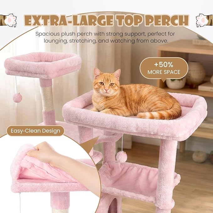 Sha Cerlin 87 in Multi-Level Tall Cat Tree Tower for Large Cats/Extra Wide Feline Activity Center/Sisal Scratching Posts/Wide Base/Cozy Plush Perches/Baskets/Hammocks/Toy Balls/Pink - Image 4