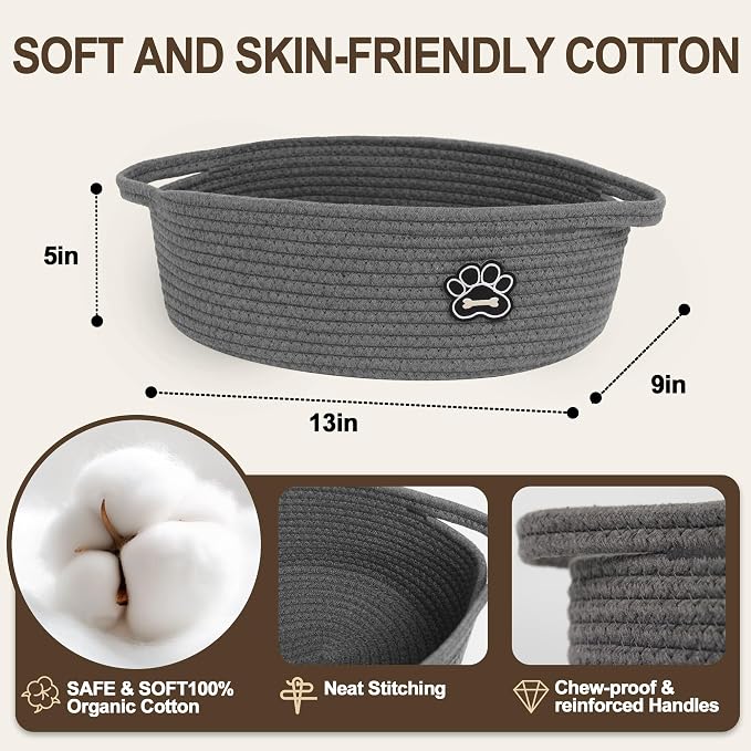 Small Dog Toy Basket, Soft Cotton Rope Dog Cat Toy Bin, Woven Storage Holder for Living Room Nursery, Cats Pet Gift Basket Empty, Decorative Wicker Storage Box with Handle, 13"x 9"x 5" (Grey) - Image 2