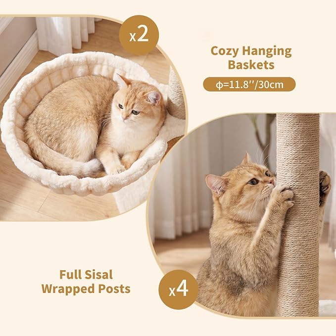 Heybly Cat Tree with Reinforced Big Base, 41.3 in Sturdy Cat Tower HCT075MJ | Indoor Cat Furniture Featuring 2 Roomy Platforms, Double Condos, 2 Cozy Baskets, Full Sisal Scratching Posts, Beige - Image 8
