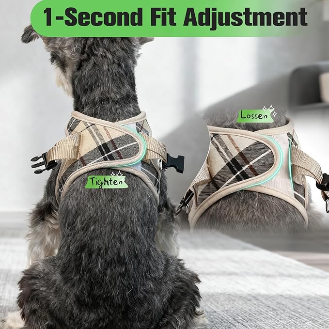 Plaid Small Dog Harness and Leash Set with AirTag Holder - Soft Padded Step in Dog Vest Harness Medium Sized Dog, No Pull Reflective Puppy Harness, Collar and Leash for Walking, Khaki L - Image 5