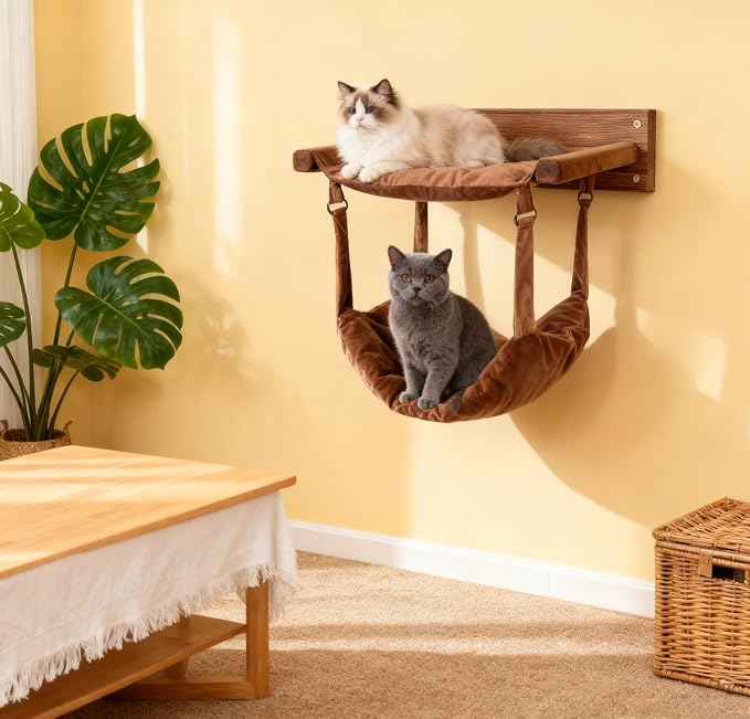JSPYFITS Wooden Cat Furniture Wall Mounted, Double Layer Hammock, Large Size 18.9″ Removable Multi-Function Cat Bed for Sleep/Play/Climb, Kitten Window Perch, Easy DIY Installation(Brown) - Image 8