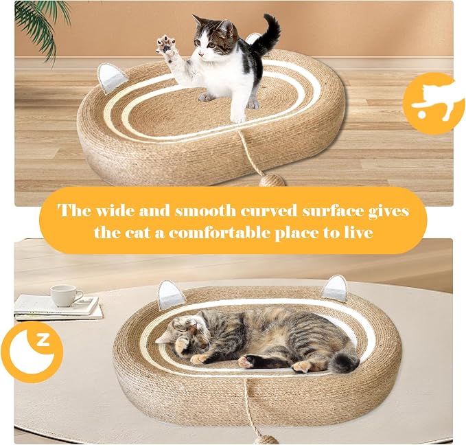 Cat Scratcher Bed 3 in 1 Sisal Cat Scratching Board for Indoor Oval Cat Scratch Pad Durable Scratching Lounge Bed Round Bowl with Toy Balls for Cats Kitten Puppy (24"x15.7"x3.5") - Image 4