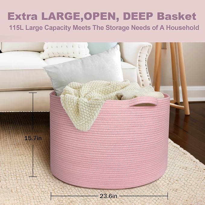 MEGASKET 115L Oversized Pink Basket, 23.6"x15.7" Woven Cotton Rope Bin with Handles, XXXL Blanket Storage for Living Room, Kids Toy Storage Bin Box, Baby Laundry Basket for Organizing, Pink Room Decor - Image 3
