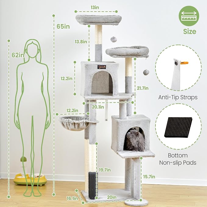 Cat Tree Tower for Indoor Cats Large Adult - 65 inch Extra Tall Cat Condo Trees with Scratching Post Hammock Perch - XL Sturdy Big Heavy Duty Multi Level Cat House Towers - Kitty Climbing Furniture - Image 7
