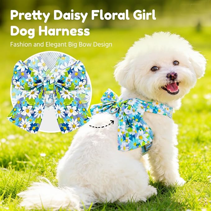 BAEJMJK Dog Harness and Leash Set with Bow Knot No Pull Pet Daisy Floral Harness with D-Ring Soft Mesh Dog Harness Vest Set Escape Proof Princess Puppy Harness for Small Girl Dogs Cats（Blue A S） - Image 2