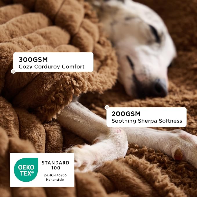 Bedsure ComfyFleece™ Waterproof Dog Blankets for Large Dogs,50x60 | Soft Plush Couch Cover,Washable Corduroy Fleece for Furniture Protector,Cozy Calming Reversible Pet Blanket, Camel Brown - Image 2