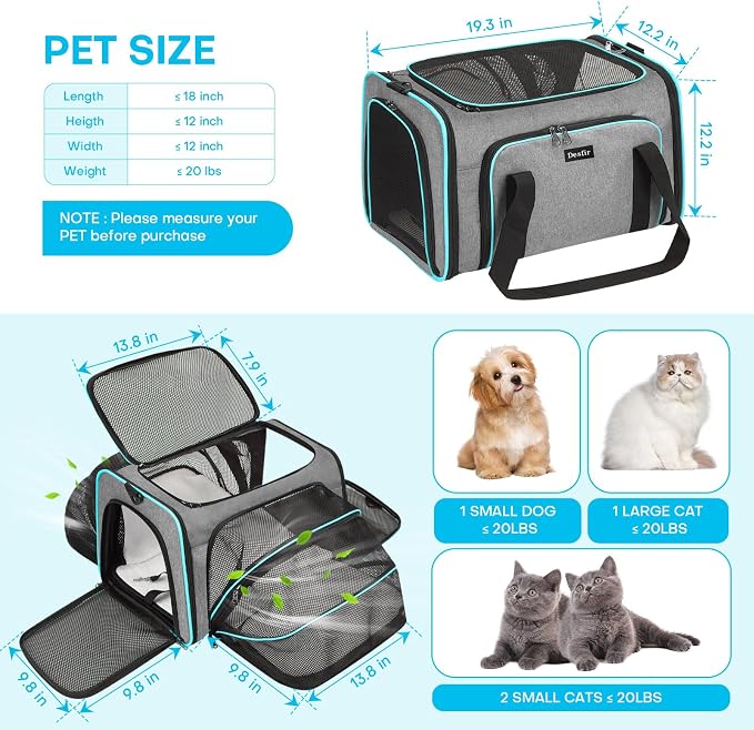 Pet Carrier, Large Soft Sided Expandable Travel Carrier with Steel Frame, Anti-Scratch Mesh, Removable Fleece Pad and Pockets for Cats, Dogs and Small Animals up to 15 lbs (Gray, 5 Sides Expandable) - Image 7