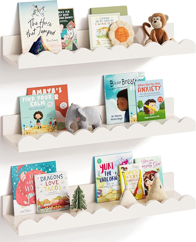 G&W Gruwald Nursery Book Shelves, Set of 3, Nursery Decor for Baby and Toddler, Scalloped Shelves, Book Shelf for Kids Rooms, Wall Book Shelf for Bedroom Kids by G%26W+Gruwald