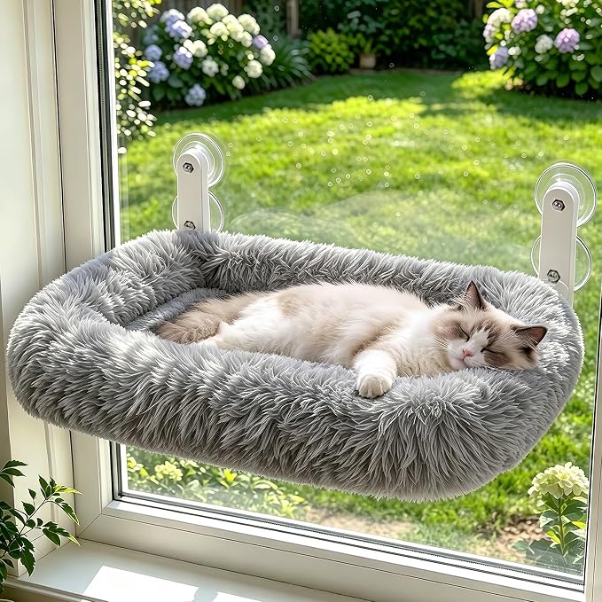 Zoratoo Foldable Cat Window Perch, Widened Cushion Cat Bed for Large Cats | L-Grey, Extra-Thick and Fluffy Bolster, Large Lying Space, Machine Washable, Cat Window Hammock with Sturdy Metal Frame by Zoratoo