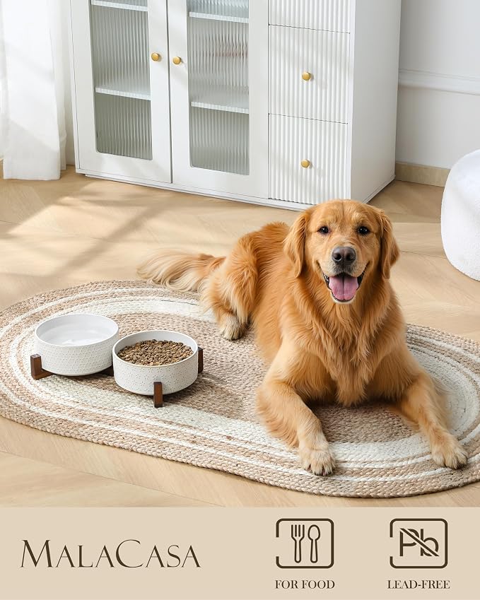 MALACASA Dog Bowl Set, Ceramic Bowls with Walnut Wood Stand, 6 Cups | Five-Leaf Grass and Honeycomb Design, Non-Slip Base, for Dogs, About 26% Heavier than Similar Ceramic Bowls - Image 3