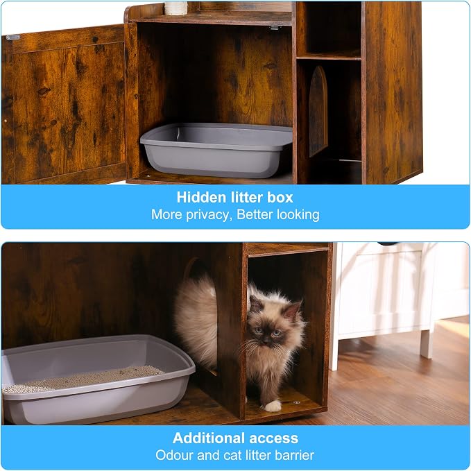 Hey-brother Cat Tree Tower, Food Station, XL Litter Box Enclosure, MPJ101SR | 48.81 Inches Wooden All-in-one Cat Furniture, Large Hammock, Bed, Scratching Posts, Big Basket for Indoor Cats, Rustic Brown - Image 6