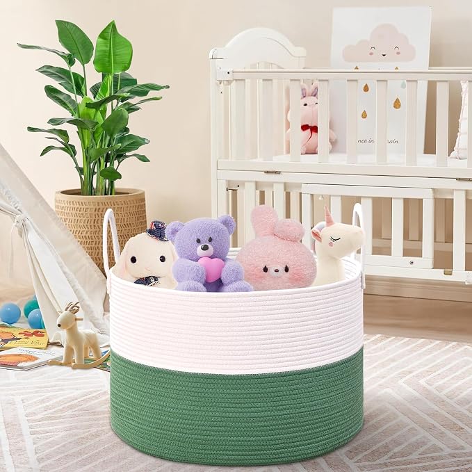 67L Large Woven Blanket Basket, Cotton Rope Baby Laundry Hamper with Handles, Kids Toy Basket for Classroom & Nursery, Soft Round Stuffed Animal Storage, Dog Toy Bin - 20"x13", Green - Image 5