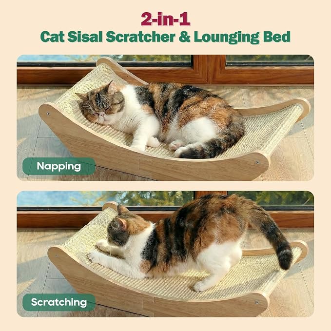 Zakkart Cat Sisal Scratching Bed Hammock, 2-in-1 Cat Scratcher & Lounging Bed, 100% Natural Sisal Mat, Solid Wood Frame, Cat Furniture Protector (Large, Natural Color) - Image 2