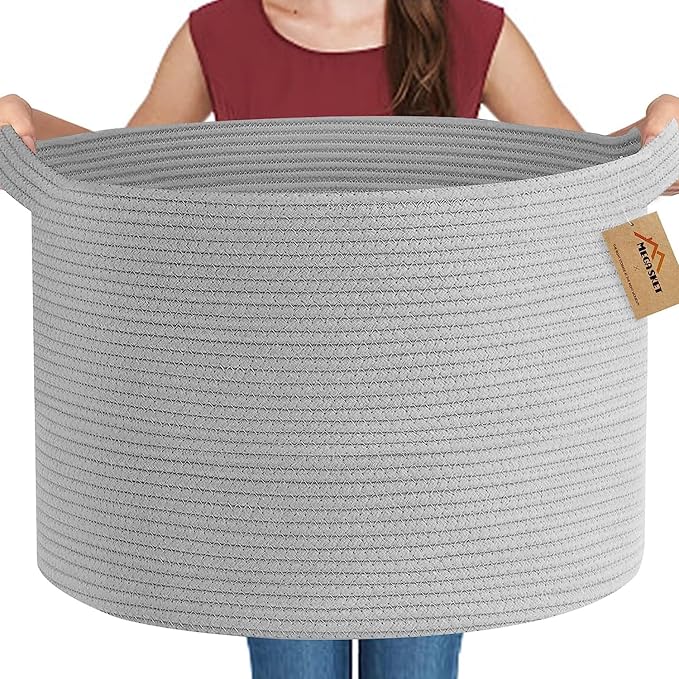 MEGASKET Extra Large Grey Storage Basket, 22" X 22" X 14" XXXL Blanket Basket for Living Room, Gray Wicker Woven Cotton Rope Baskets for Storage, Kids Toy Baskets Bins, Decorative Pillow Towel Basket by MEGASKET