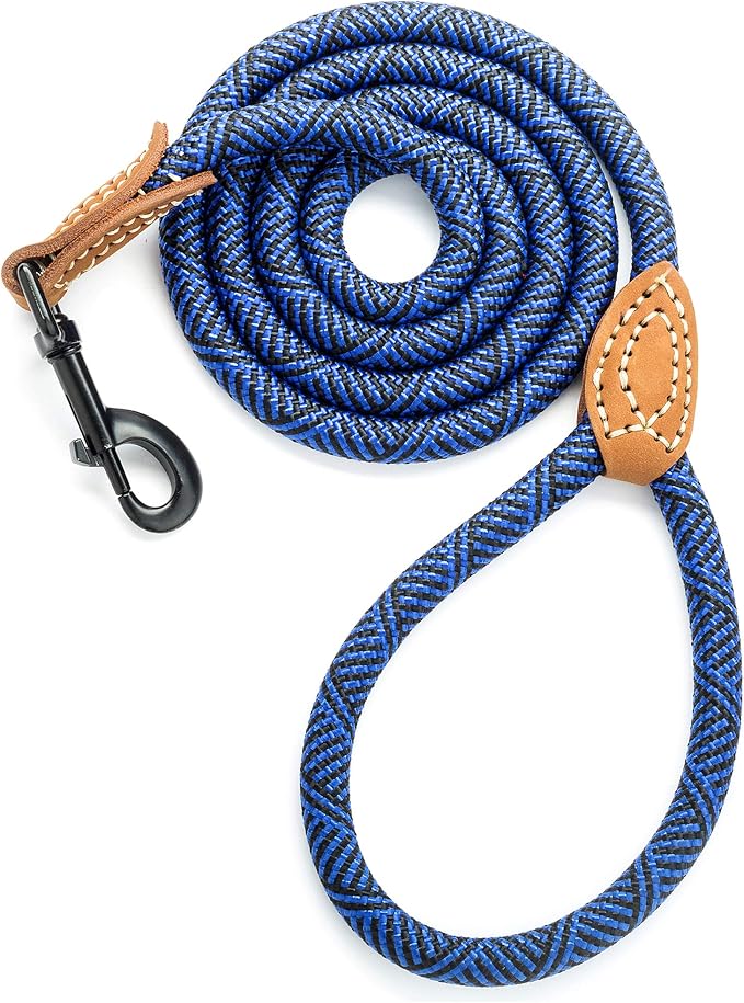 Mile High Life Dog Leash with Genuine Leather-Wrapped Ends, 4/5/6FT | Tangle-Free 360° Swivel Clasp Heavy Duty Rope Leash | Small Medium Large Dogs | Daily Walking (Blue, 60 Inch, 1/2") - Image 8