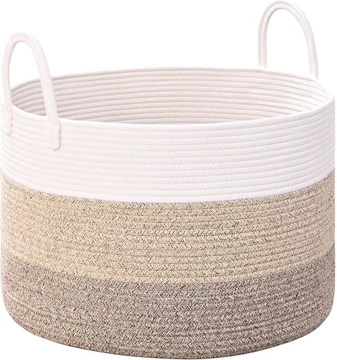 67L Large Woven Blanket Basket, Cotton Rope Baby Laundry Hamper with Handles, Kids Toy Basket for Classroom & Nursery, Soft Round Stuffed Animal Storage, Dog Toy Bin - 20"x13", Jute by Degeyoyo