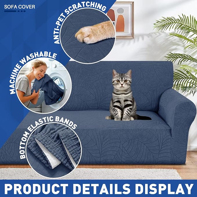 YEMYHOM Couch Cover Latest Jacquard Design High Stretch Sofa Covers for 3 Cushion Couch, Pet Dog Cat Proof Slipcover Non Slip Magic Elastic Furniture Protector (Large, Begonia Leaf Navy) - Image 4