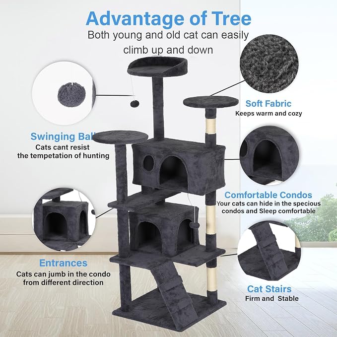 FDW | 62" Cat Tree Tower | Dark Gray | Multi-Level Indoor Activity Center with Sisal Scratching Posts, Condos, Plush Perches, Hanging Cat Toys | Sturdy, Easy to Assemble | for Kittens & Adult Cats - Image 5