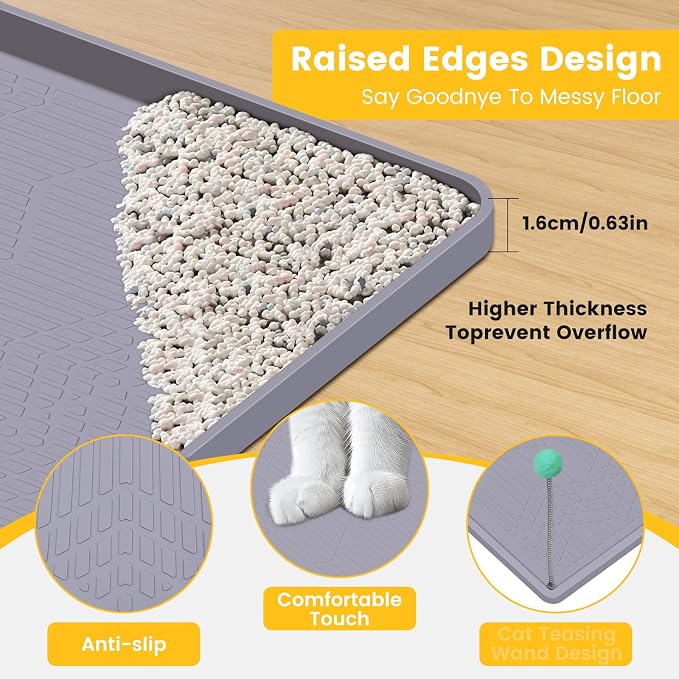 Silicone Cat Litter Mat with Toy, 38x25 Inch Large - Waterproof, Easy Clean Trapping Mat for Kitty Litter Box, Non-Slip Litter Box mat for Hardwood Floors & Carpet Protection (Grey) - Image 3