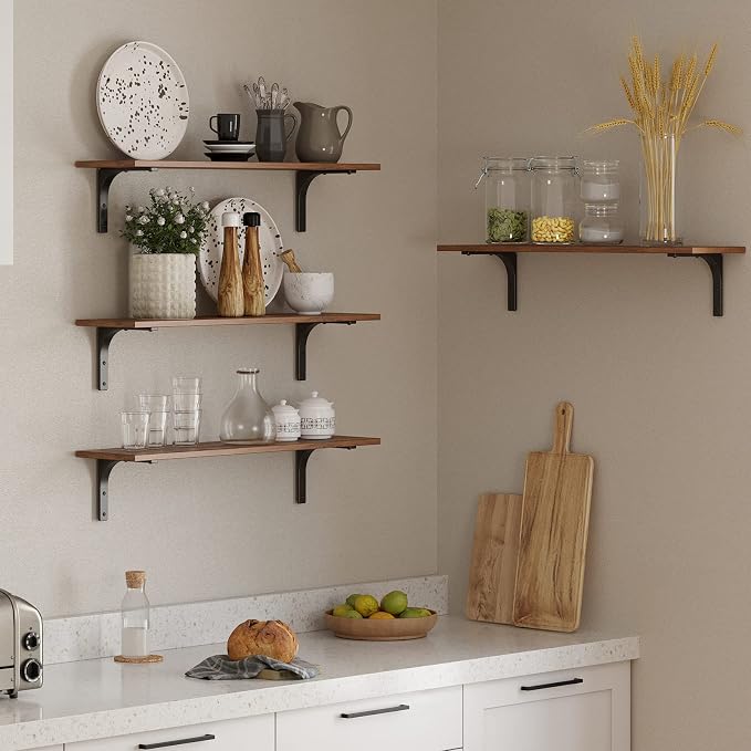 Long Wall Shelves, 23.6Inch Wooden Wall Mounted Shelves, Set of 2 | Floating Book Shelf, Easy Assembly Metal Bracket, Max Load 22lbs, Wall Storage Ledges, Bedroom/Bathroom/Kitchen, Rustic Brown - Image 7