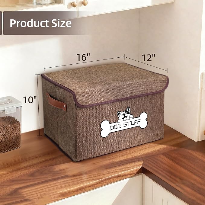 Dog Toy Basket with Lid, Collapsible Box for Pet Accessories | Storage Bin for Living Room, Fabric Container with Handle, Organizer for Small Medium dogs, Coffee - Image 2