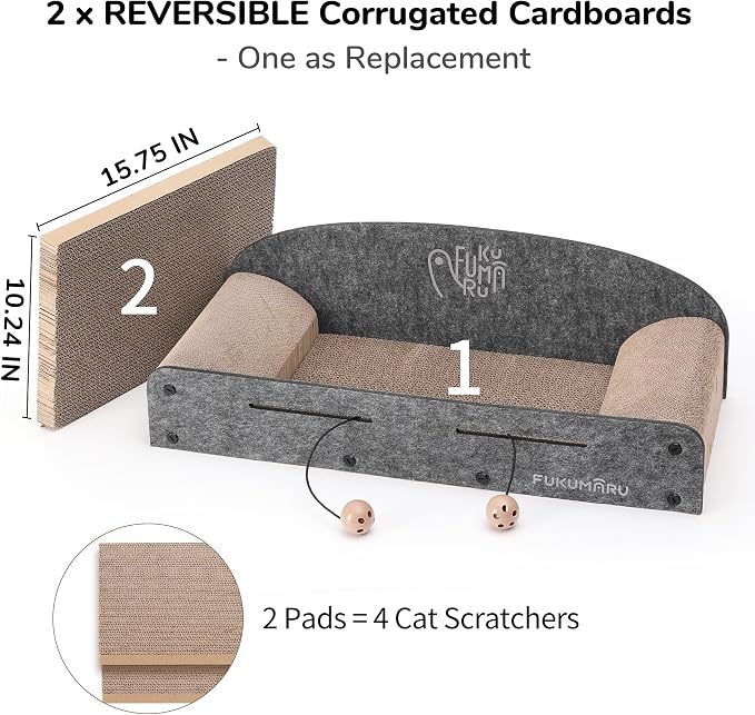 FUKUMARU Large Cat Scratcher Bed, 26 Inch Cat Scratching Bed Sofa Indoor | Cardboard Cat Scratcher with 2 Reversible Scratch Pad Refills, Durable Large Cat Scratching Lounger with Ball Toy, Grey - Image 4